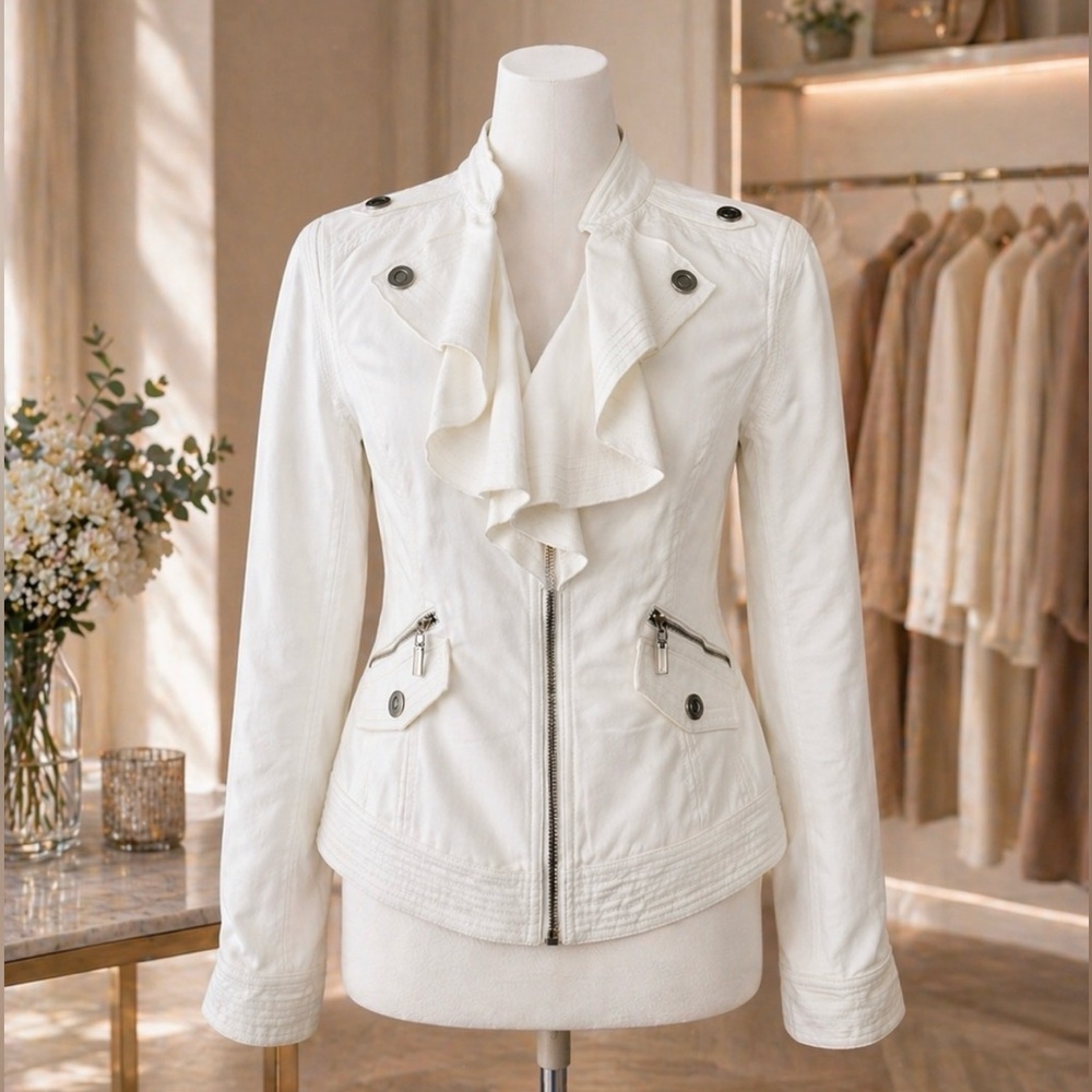 White House Black Market White Ruffle Zip Jacket Chic Fitted Size 2